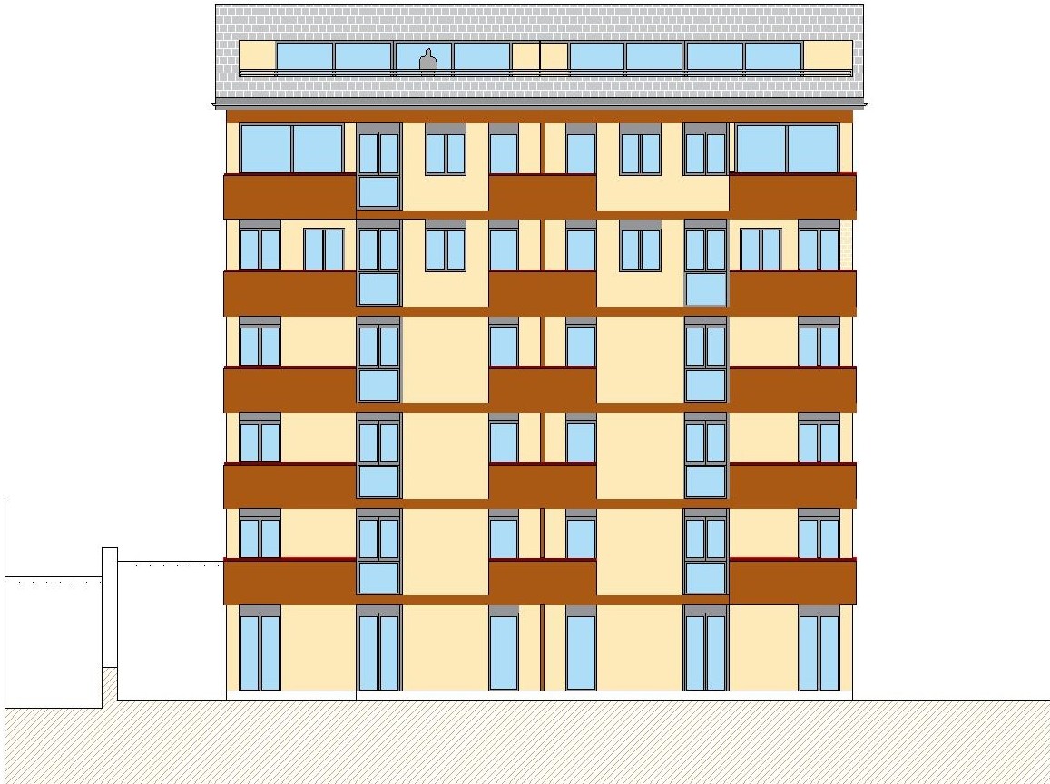Lake front · continuous loggias on every floor and a glazed attic at the top